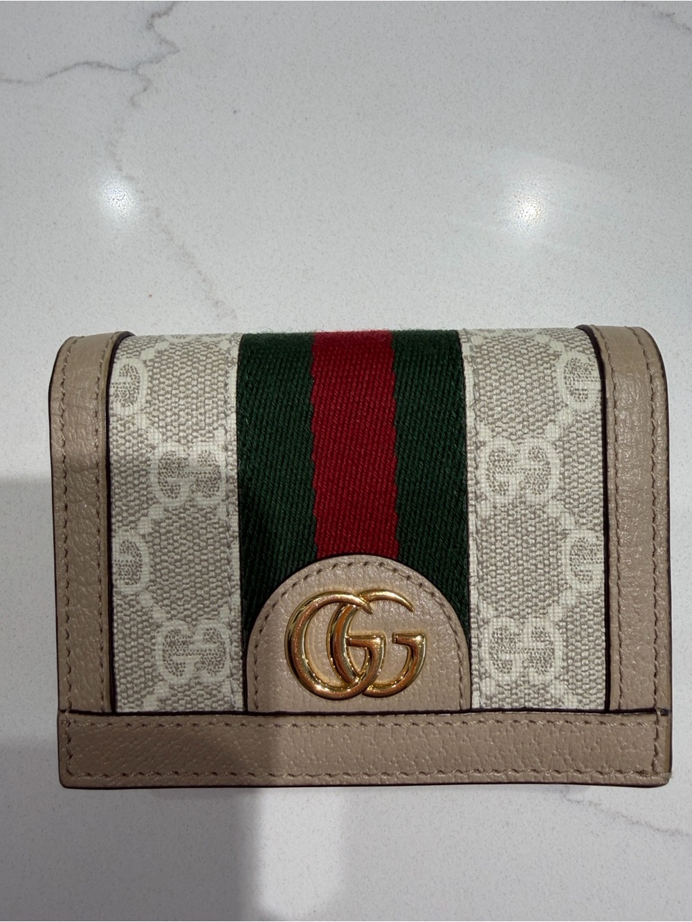 Beige GG Canvas Card Case with Green-Red Stripe